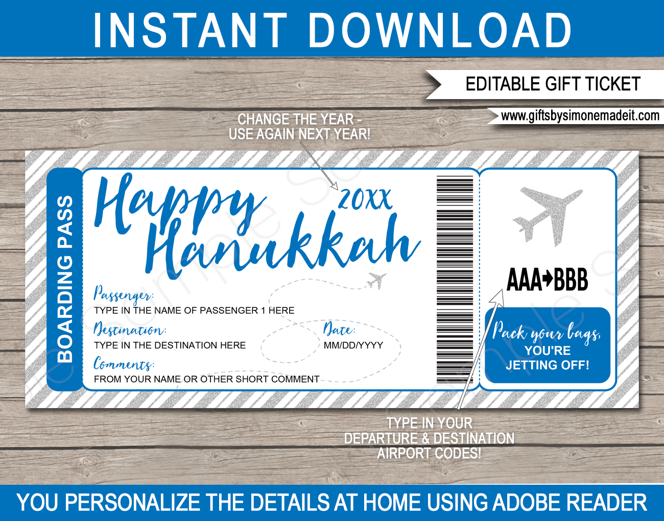 Hanukkah Boarding Pass gift ticket template - Fake plane ticket - Editable & printable template - Surprise trip reveal - Chanukah - INSTANT DOWNLOAD via giftsbysimonemadeit.com