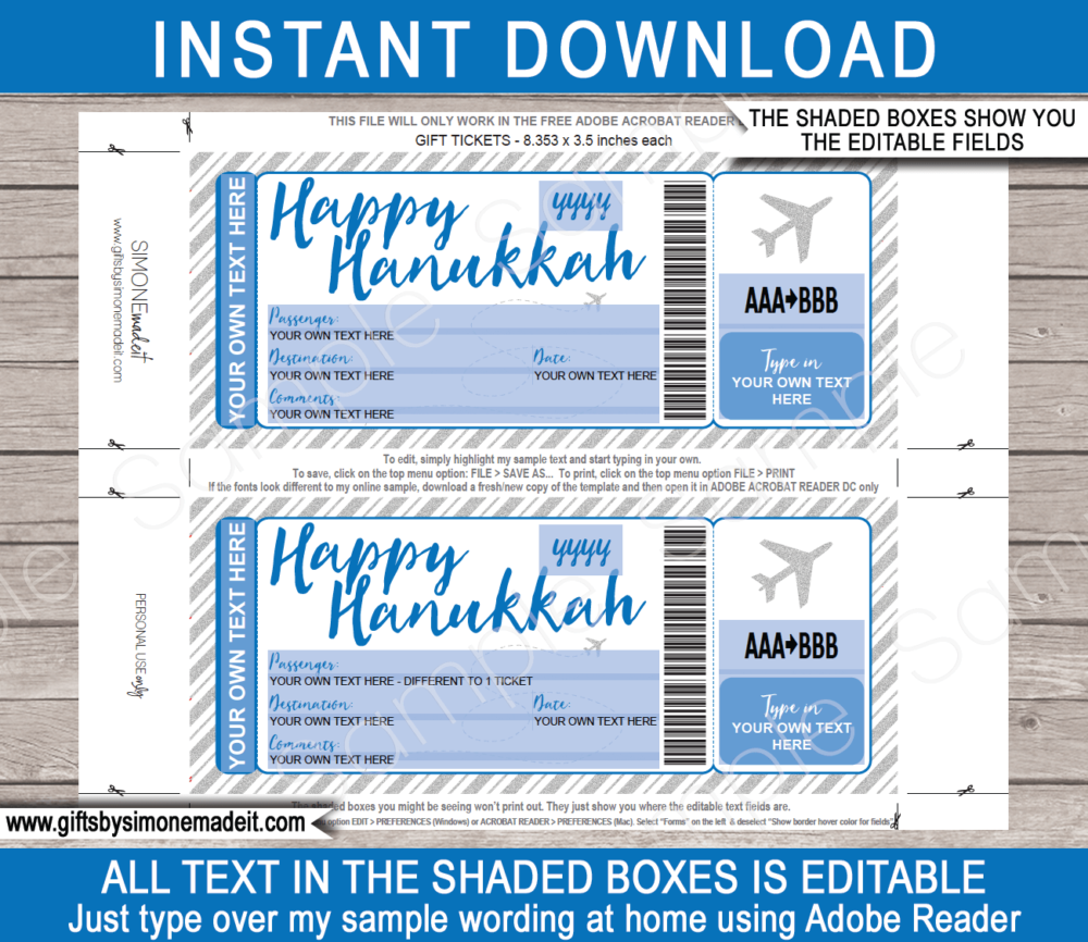 Hanukkah Boarding Pass gift ticket template - Fake plane ticket - Editable & printable template - Surprise trip reveal - Chanukah - INSTANT DOWNLOAD via giftsbysimonemadeit.com