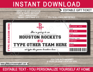 Houston Rockets Game Ticket Gift Voucher Template | Printable Surprise NBA Basketball Personalized Tickets | Editable Text | Gift Certificate | Last Minute Birthday, Christmas, Anniversary, Retirement, Graduation, Mother's Day, Father's Day, Congratulations, Valentine's Day Present | INSTANT DOWNLOAD via giftsbysimonemadeit.com