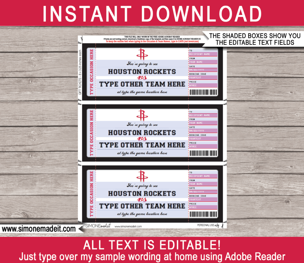 Editable & Printable Houston Rockets Game Ticket Gift Voucher Template | Surprise NBA Basketball Personalized Tickets | Custom Text | Gift Certificate | Last Minute Birthday, Christmas, Anniversary, Retirement, Graduation, Mother's Day, Father's Day, Congratulations, Valentine's Day Present | INSTANT DOWNLOAD via giftsbysimonemadeit.com