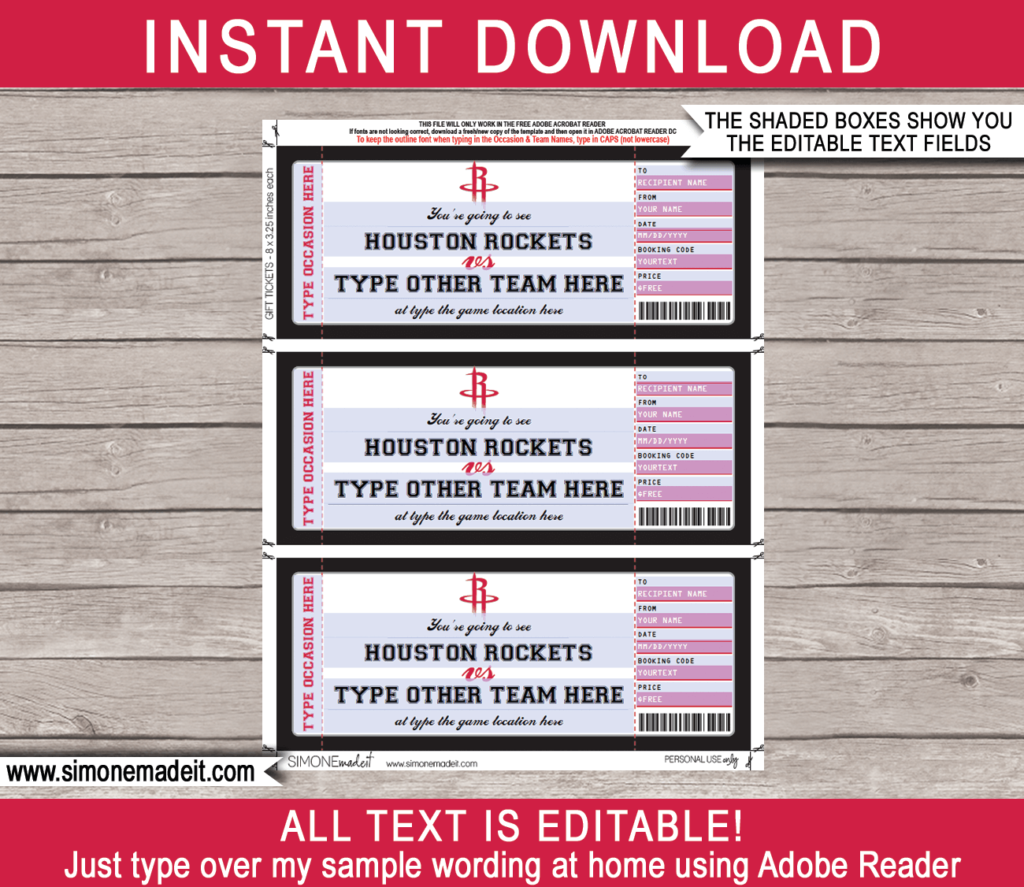 Houston Rockets Game Ticket Gift Voucher | Printable Surprise NBA ...
