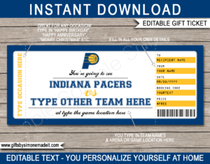 Indiana Pacers Game Ticket Gift Voucher Template | Printable Surprise NBA Basketball Personalized Tickets | Editable Text | Gift Certificate | Last Minute Birthday, Christmas, Anniversary, Retirement, Graduation, Mother's Day, Father's Day, Congratulations, Valentine's Day Present | INSTANT DOWNLOAD via giftsbysimonemadeit.com