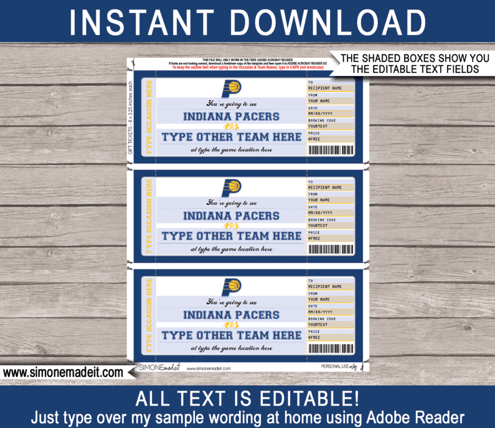 Editable & Printable Indiana Pacers Game Ticket Gift Voucher Template | Surprise NBA Basketball Personalized Tickets | Custom Text | Gift Certificate | Last Minute Birthday, Christmas, Anniversary, Retirement, Graduation, Mother's Day, Father's Day, Congratulations, Valentine's Day Present | INSTANT DOWNLOAD via giftsbysimonemadeit.com