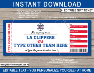 LA Clippers Game Ticket Gift Voucher Template | Printable Surprise NBA Basketball Personalized Tickets | Editable Text | Gift Certificate | Last Minute Birthday, Christmas, Anniversary, Retirement, Graduation, Mother's Day, Father's Day, Congratulations, Valentine's Day Present | INSTANT DOWNLOAD via giftsbysimonemadeit.com