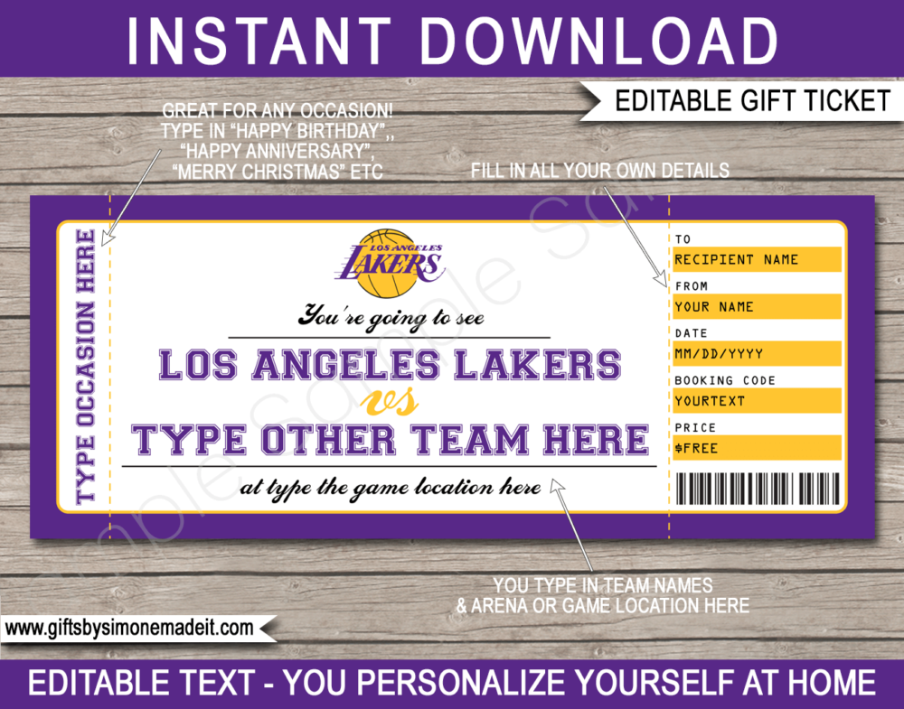 Los Angeles Lakers Game Ticket Gift Voucher Template | Printable Surprise NBA Basketball Personalized Tickets | Editable Text | Gift Certificate | Last Minute Birthday, Christmas, Anniversary, Retirement, Graduation, Mother's Day, Father's Day, Congratulations, Valentine's Day Present | INSTANT DOWNLOAD via giftsbysimonemadeit.com