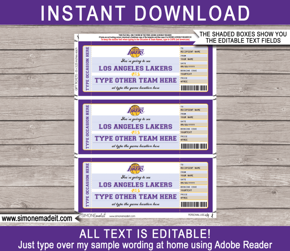 Editable & Printable Los Angeles Lakers Game Ticket Gift Voucher Template | Surprise NBA Basketball Personalized Tickets | Custom Text | Gift Certificate | Last Minute Birthday, Christmas, Anniversary, Retirement, Graduation, Mother's Day, Father's Day, Congratulations, Valentine's Day Present | INSTANT DOWNLOAD via giftsbysimonemadeit.com