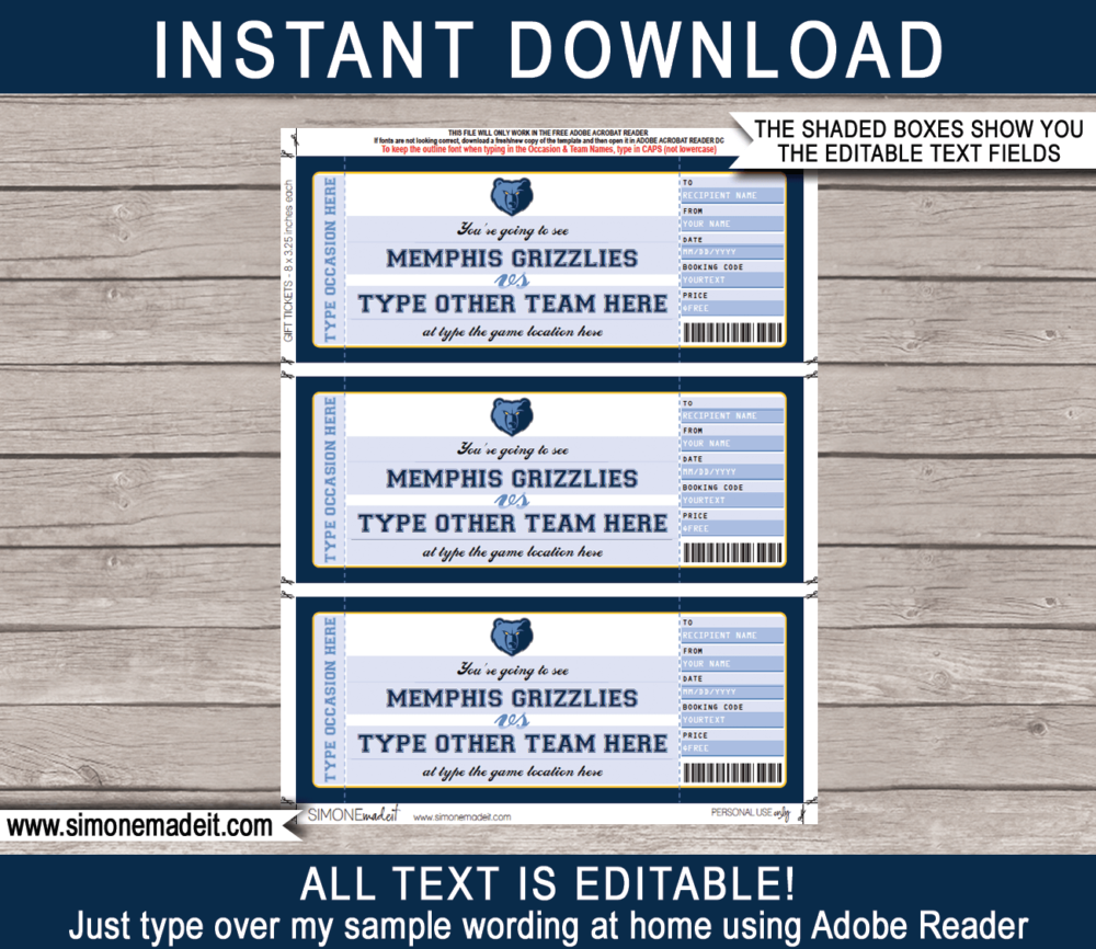 Editable & Printable Memphis Grizzlies Game Ticket Gift Voucher Template | Surprise NBA Basketball Personalized Tickets | Custom Text | Gift Certificate | Last Minute Birthday, Christmas, Anniversary, Retirement, Graduation, Mother's Day, Father's Day, Congratulations, Valentine's Day Present | INSTANT DOWNLOAD via giftsbysimonemadeit.com