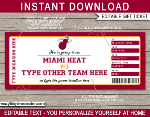 Miami Heat Game Ticket Gift Voucher Template | Printable Surprise NBA Basketball Personalized Tickets | Editable Text | Gift Certificate | Last Minute Birthday, Christmas, Anniversary, Retirement, Graduation, Mother's Day, Father's Day, Congratulations, Valentine's Day Present | INSTANT DOWNLOAD via giftsbysimonemadeit.com