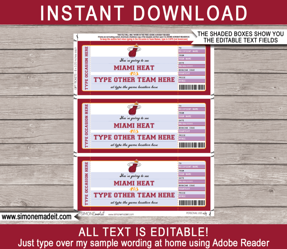Editable & Printable Miami Heat Game Ticket Gift Voucher Template | Surprise NBA Basketball Personalized Tickets | Custom Text | Gift Certificate | Last Minute Birthday, Christmas, Anniversary, Retirement, Graduation, Mother's Day, Father's Day, Congratulations, Valentine's Day Present | INSTANT DOWNLOAD via giftsbysimonemadeit.com