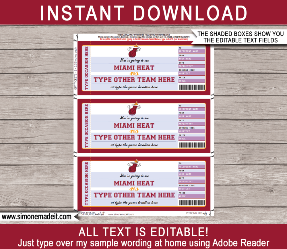 Miami Heat Game Ticket Gift Voucher Printable Surprise NBA Basketball