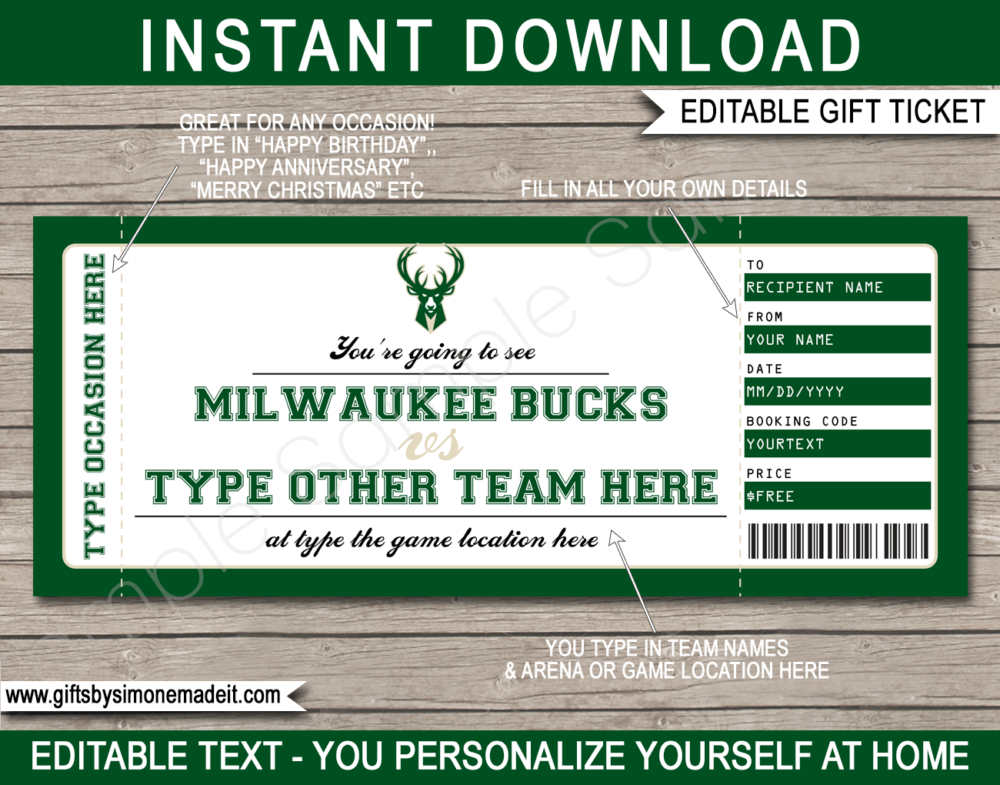 Milwaukee Bucks Game Ticket Gift Voucher Template | Printable Surprise NBA Basketball Personalized Tickets | Editable Text | Gift Certificate | Last Minute Birthday, Christmas, Anniversary, Retirement, Graduation, Mother's Day, Father's Day, Congratulations, Valentine's Day Present | INSTANT DOWNLOAD via giftsbysimonemadeit.com