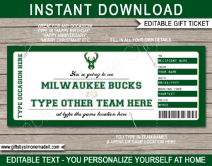 Milwaukee Bucks Game Ticket Gift Voucher Template | Printable Surprise NBA Basketball Personalized Tickets | Editable Text | Gift Certificate | Last Minute Birthday, Christmas, Anniversary, Retirement, Graduation, Mother's Day, Father's Day, Congratulations, Valentine's Day Present | INSTANT DOWNLOAD via giftsbysimonemadeit.com