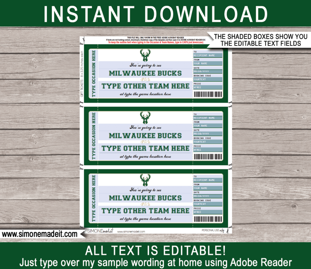 Editable & Printable Milwaukee Bucks Game Ticket Gift Voucher Template | Surprise NBA Basketball Personalized Tickets | Custom Text | Gift Certificate | Last Minute Birthday, Christmas, Anniversary, Retirement, Graduation, Mother's Day, Father's Day, Congratulations, Valentine's Day Present | INSTANT DOWNLOAD via giftsbysimonemadeit.com