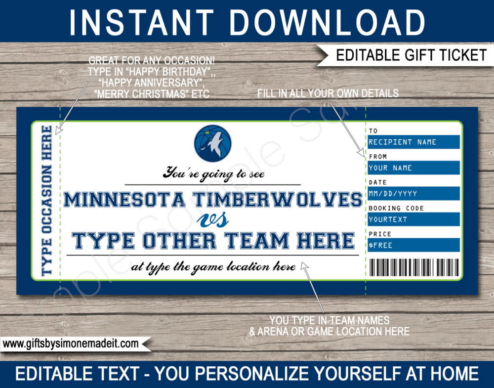 Minnesota Timberwolves Game Ticket Gift Voucher Template | Printable Surprise NBA Basketball Personalized Tickets | Editable Text | Gift Certificate | Last Minute Birthday, Christmas, Anniversary, Retirement, Graduation, Mother's Day, Father's Day, Congratulations, Valentine's Day Present | INSTANT DOWNLOAD via giftsbysimonemadeit.com