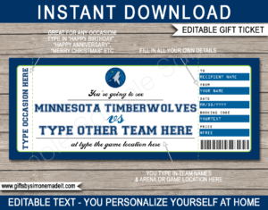 Minnesota Timberwolves Game Ticket Gift Voucher Template | Printable Surprise NBA Basketball Personalized Tickets | Editable Text | Gift Certificate | Last Minute Birthday, Christmas, Anniversary, Retirement, Graduation, Mother's Day, Father's Day, Congratulations, Valentine's Day Present | INSTANT DOWNLOAD via giftsbysimonemadeit.com