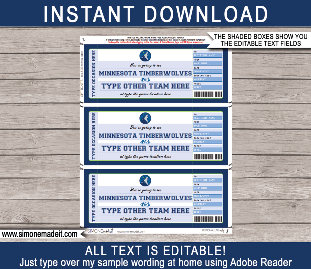 Editable & Printable Minnesota Timberwolves Game Ticket Gift Voucher Template | Surprise NBA Basketball Personalized Tickets | Custom Text | Gift Certificate | Last Minute Birthday, Christmas, Anniversary, Retirement, Graduation, Mother's Day, Father's Day, Congratulations, Valentine's Day Present | INSTANT DOWNLOAD via giftsbysimonemadeit.com