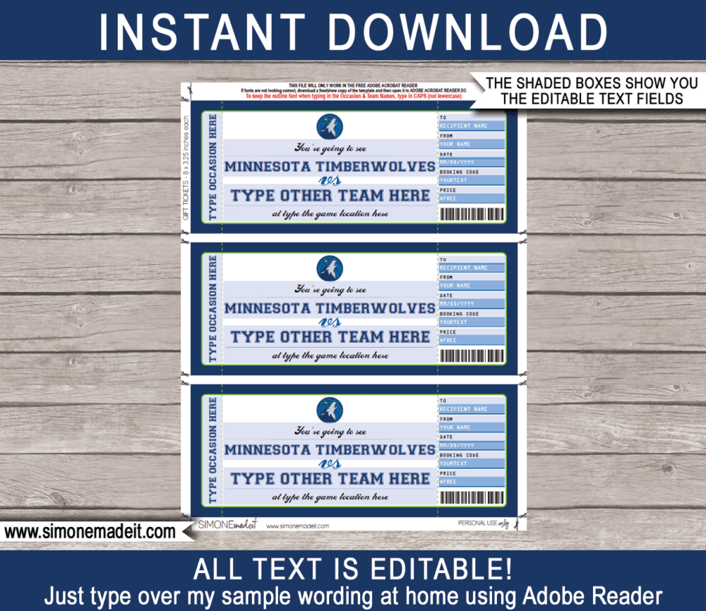 Minnesota Timberwolves Game Ticket Gift Voucher Printable Surprise