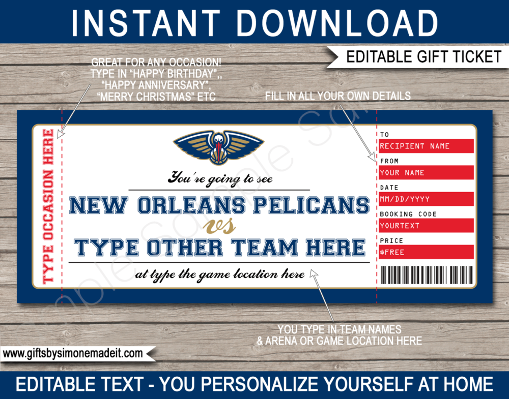 New Orleans Pelicans Game Ticket Gift Voucher Template | Printable Surprise NBA Basketball Personalized Tickets | Editable Text | Gift Certificate | Last Minute Birthday, Christmas, Anniversary, Retirement, Graduation, Mother's Day, Father's Day, Congratulations, Valentine's Day Present | INSTANT DOWNLOAD via giftsbysimonemadeit.com