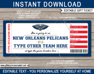 New Orleans Pelicans Game Ticket Gift Voucher Template | Printable Surprise NBA Basketball Personalized Tickets | Editable Text | Gift Certificate | Last Minute Birthday, Christmas, Anniversary, Retirement, Graduation, Mother's Day, Father's Day, Congratulations, Valentine's Day Present | INSTANT DOWNLOAD via giftsbysimonemadeit.com