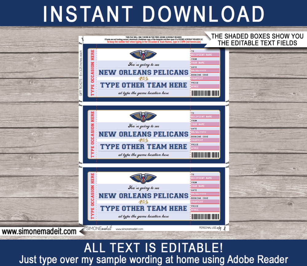 Editable & Printable New Orleans Pelicans Game Ticket Gift Voucher Template | Surprise NBA Basketball Personalized Tickets | Custom Text | Gift Certificate | Last Minute Birthday, Christmas, Anniversary, Retirement, Graduation, Mother's Day, Father's Day, Congratulations, Valentine's Day Present | INSTANT DOWNLOAD via giftsbysimonemadeit.com