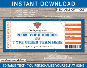 New York Knicks Game Ticket Gift Voucher Template | Printable Surprise NBA Basketball Personalized Tickets | Editable Text | Gift Certificate | Last Minute Birthday, Christmas, Anniversary, Retirement, Graduation, Mother's Day, Father's Day, Congratulations, Valentine's Day Present | INSTANT DOWNLOAD via giftsbysimonemadeit.com