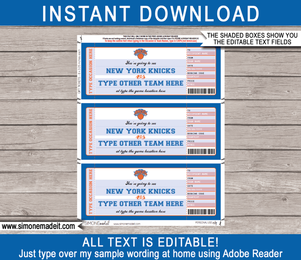 Editable & Printable New York Knicks Game Ticket Gift Voucher Template | Surprise NBA Basketball Personalized Tickets | Custom Text | Gift Certificate | Last Minute Birthday, Christmas, Anniversary, Retirement, Graduation, Mother's Day, Father's Day, Congratulations, Valentine's Day Present | INSTANT DOWNLOAD via giftsbysimonemadeit.com