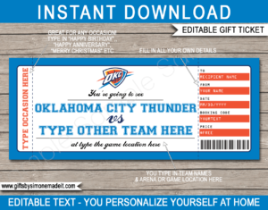 Oklahoma City Thunder Game Ticket Gift Voucher Template | Printable Surprise NBA Basketball Personalized Tickets | Editable Text | Gift Certificate | Last Minute Birthday, Christmas, Anniversary, Retirement, Graduation, Mother's Day, Father's Day, Congratulations, Valentine's Day Present | INSTANT DOWNLOAD via giftsbysimonemadeit.com