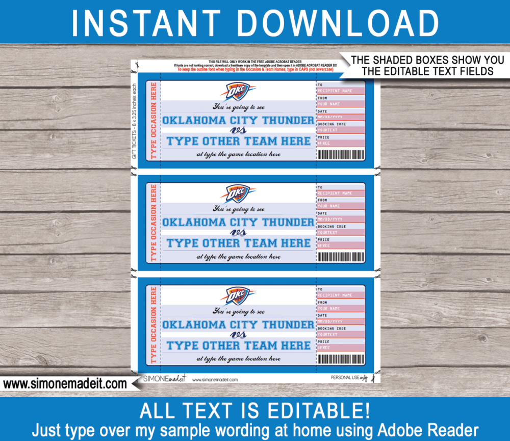 Editable & Printable Oklahoma City Thunder Game Ticket Gift Voucher Template | Surprise NBA Basketball Personalized Tickets | Custom Text | Gift Certificate | Last Minute Birthday, Christmas, Anniversary, Retirement, Graduation, Mother's Day, Father's Day, Congratulations, Valentine's Day Present | INSTANT DOWNLOAD via giftsbysimonemadeit.com