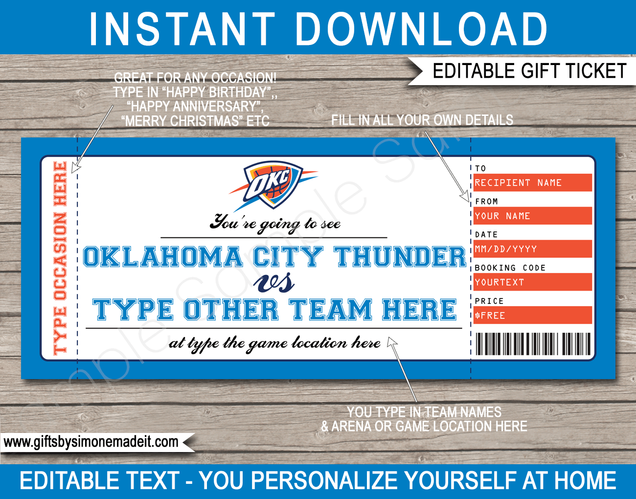 Oklahoma City Thunder Game Ticket Gift Voucher Printable Surprise NBA