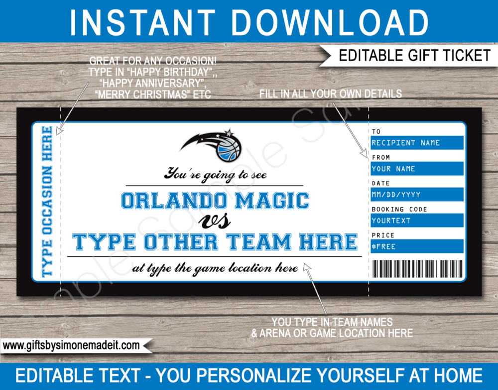 Orlando Magic Game Ticket Gift Voucher Template | Printable Surprise NBA Basketball Personalized Tickets | Editable Text | Gift Certificate | Last Minute Birthday, Christmas, Anniversary, Retirement, Graduation, Mother's Day, Father's Day, Congratulations, Valentine's Day Present | INSTANT DOWNLOAD via giftsbysimonemadeit.com