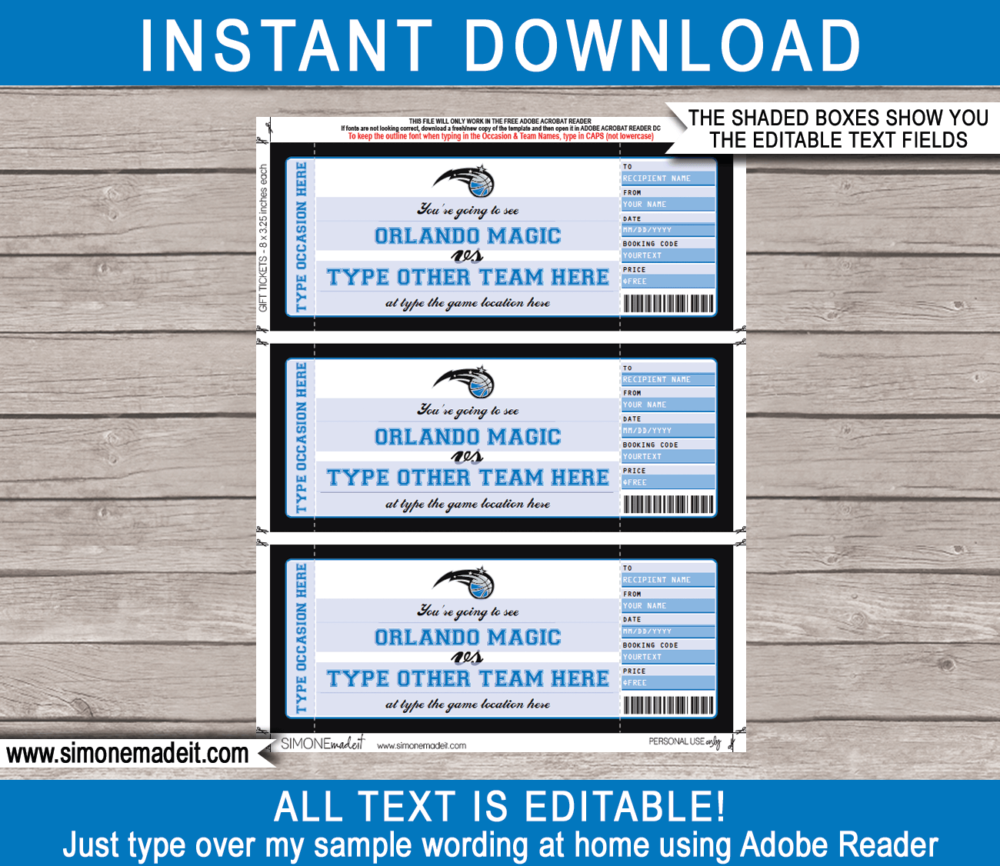 Editable & Printable Orlando Magic Game Ticket Gift Voucher Template | Surprise NBA Basketball Personalized Tickets | Custom Text | Gift Certificate | Last Minute Birthday, Christmas, Anniversary, Retirement, Graduation, Mother's Day, Father's Day, Congratulations, Valentine's Day Present | INSTANT DOWNLOAD via giftsbysimonemadeit.com