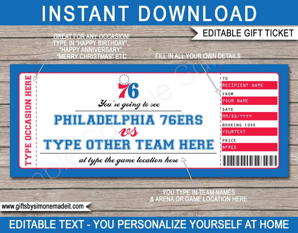Philadelphia 76ers Game Ticket Gift Voucher Template | Printable Surprise NBA Basketball Personalized Tickets | Editable Text | Gift Certificate | Last Minute Birthday, Christmas, Anniversary, Retirement, Graduation, Mother's Day, Father's Day, Congratulations, Valentine's Day Present | INSTANT DOWNLOAD via giftsbysimonemadeit.com
