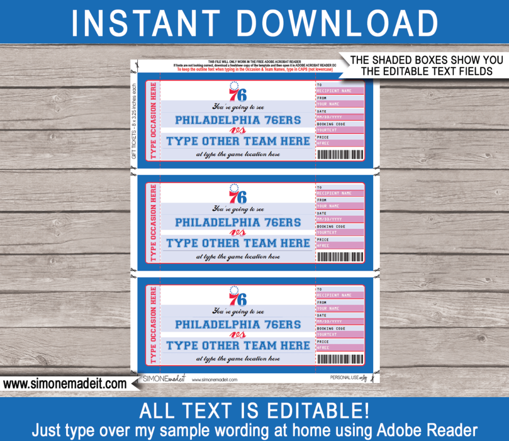 Editable & Printable Philadelphia 76ers Game Ticket Gift Voucher Template | Surprise NBA Basketball Personalized Tickets | Custom Text | Gift Certificate | Last Minute Birthday, Christmas, Anniversary, Retirement, Graduation, Mother's Day, Father's Day, Congratulations, Valentine's Day Present | INSTANT DOWNLOAD via giftsbysimonemadeit.com