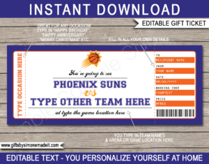 Phoenix Suns Game Ticket Gift Voucher Template | Printable Surprise NBA Basketball Personalized Tickets | Editable Text | Gift Certificate | Last Minute Birthday, Christmas, Anniversary, Retirement, Graduation, Mother's Day, Father's Day, Congratulations, Valentine's Day Present | INSTANT DOWNLOAD via giftsbysimonemadeit.com