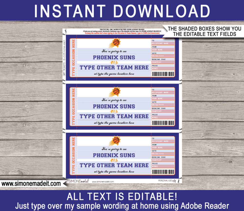 Editable & Printable Phoenix Suns Game Ticket Gift Voucher Template | Surprise NBA Basketball Personalized Tickets | Custom Text | Gift Certificate | Last Minute Birthday, Christmas, Anniversary, Retirement, Graduation, Mother's Day, Father's Day, Congratulations, Valentine's Day Present | INSTANT DOWNLOAD via giftsbysimonemadeit.com