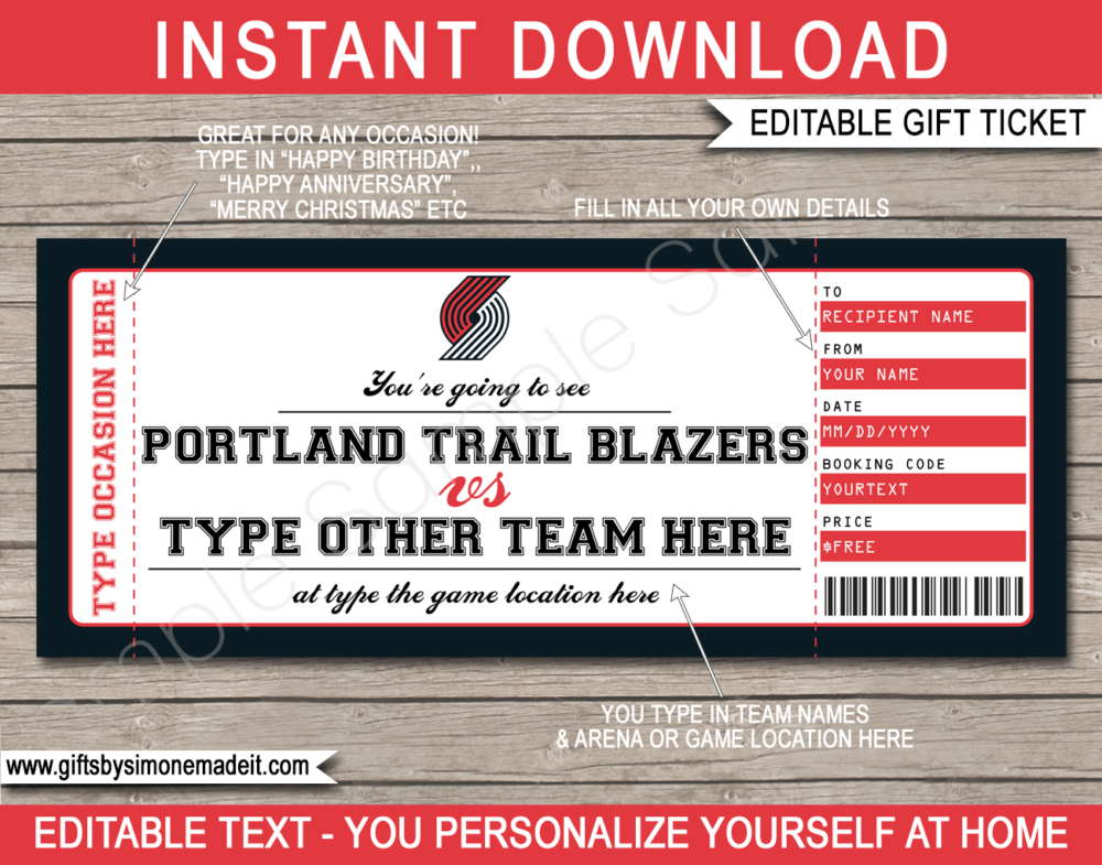 Portland Trail Blazers Game Ticket Gift Voucher Printable Surprise