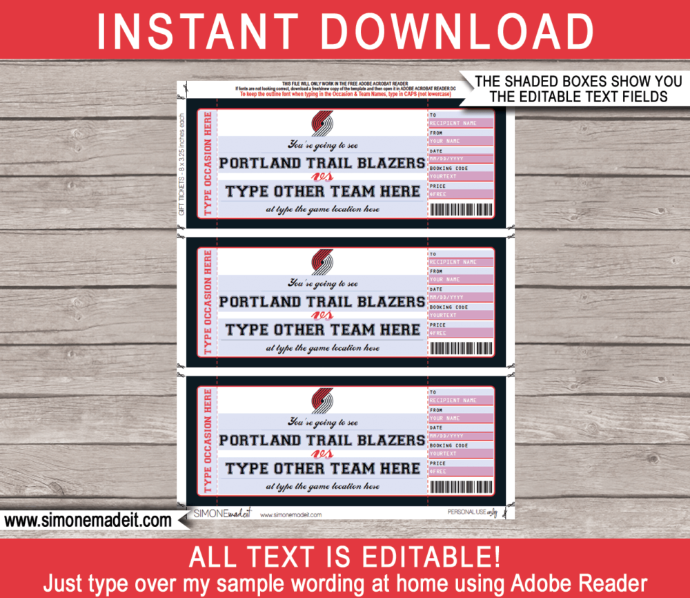 Editable & Printable Portland Trail Blazers Game Ticket Gift Voucher Template | Surprise NBA Basketball Personalized Tickets | Custom Text | Gift Certificate | Last Minute Birthday, Christmas, Anniversary, Retirement, Graduation, Mother's Day, Father's Day, Congratulations, Valentine's Day Present | INSTANT DOWNLOAD via giftsbysimonemadeit.com