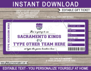 Sacramento Kings Game Ticket Gift Voucher Template | Printable Surprise NBA Basketball Personalized Tickets | Editable Text | Gift Certificate | Last Minute Birthday, Christmas, Anniversary, Retirement, Graduation, Mother's Day, Father's Day, Congratulations, Valentine's Day Present | INSTANT DOWNLOAD via giftsbysimonemadeit.com