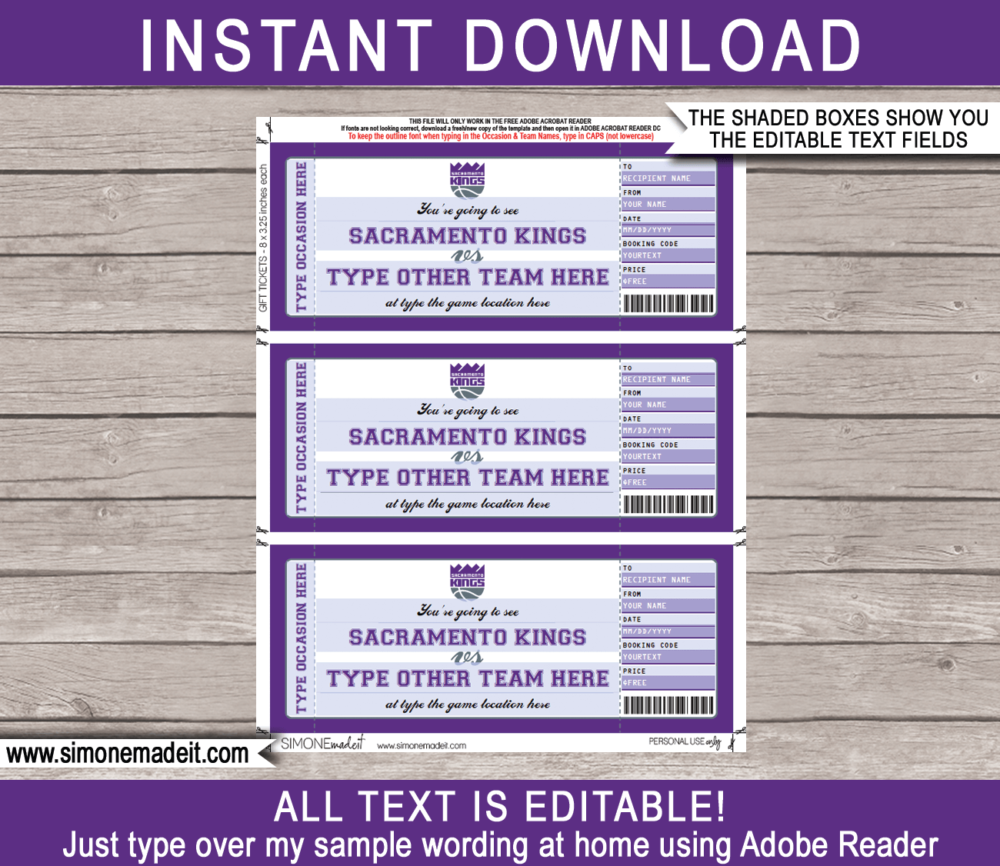 Editable & Printable Sacramento Kings Game Ticket Gift Voucher Template | Surprise NBA Basketball Personalized Tickets | Custom Text | Gift Certificate | Last Minute Birthday, Christmas, Anniversary, Retirement, Graduation, Mother's Day, Father's Day, Congratulations, Valentine's Day Present | INSTANT DOWNLOAD via giftsbysimonemadeit.com