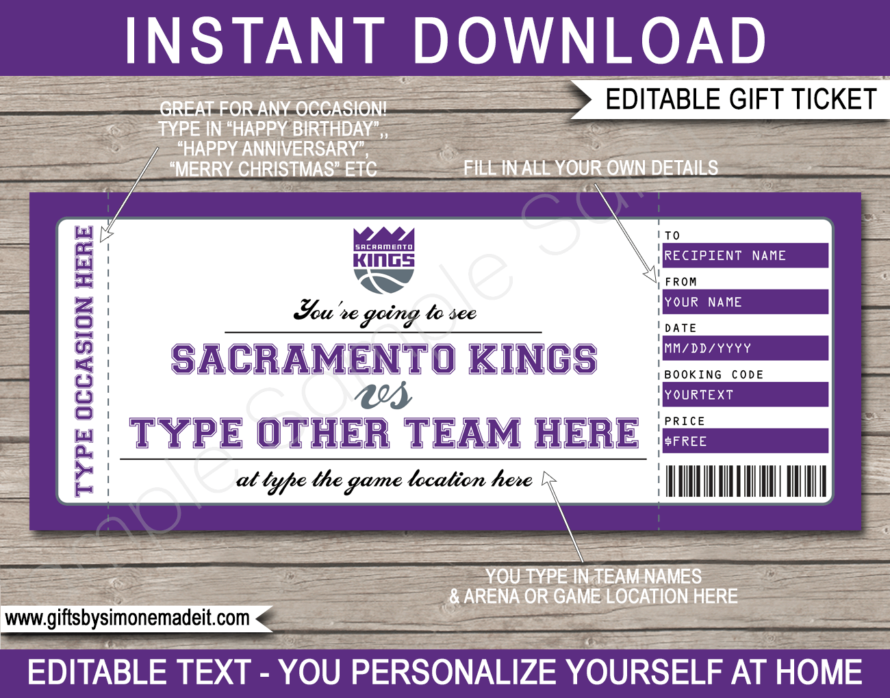 Sacramento Kings Game Ticket Gift Voucher Printable Surprise NBA