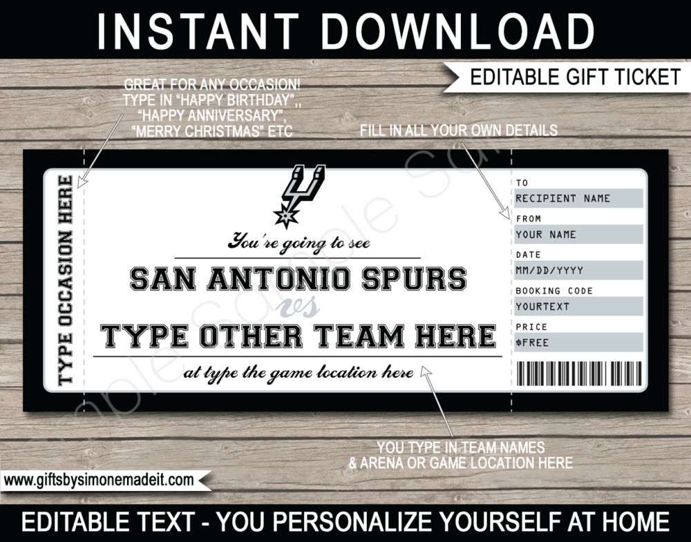 San Antonio Spurs Game Ticket Gift Voucher Template | Printable Surprise NBA Basketball Personalized Tickets | Editable Text | Gift Certificate | Last Minute Birthday, Christmas, Anniversary, Retirement, Graduation, Mother's Day, Father's Day, Congratulations, Valentine's Day Present | INSTANT DOWNLOAD via giftsbysimonemadeit.com