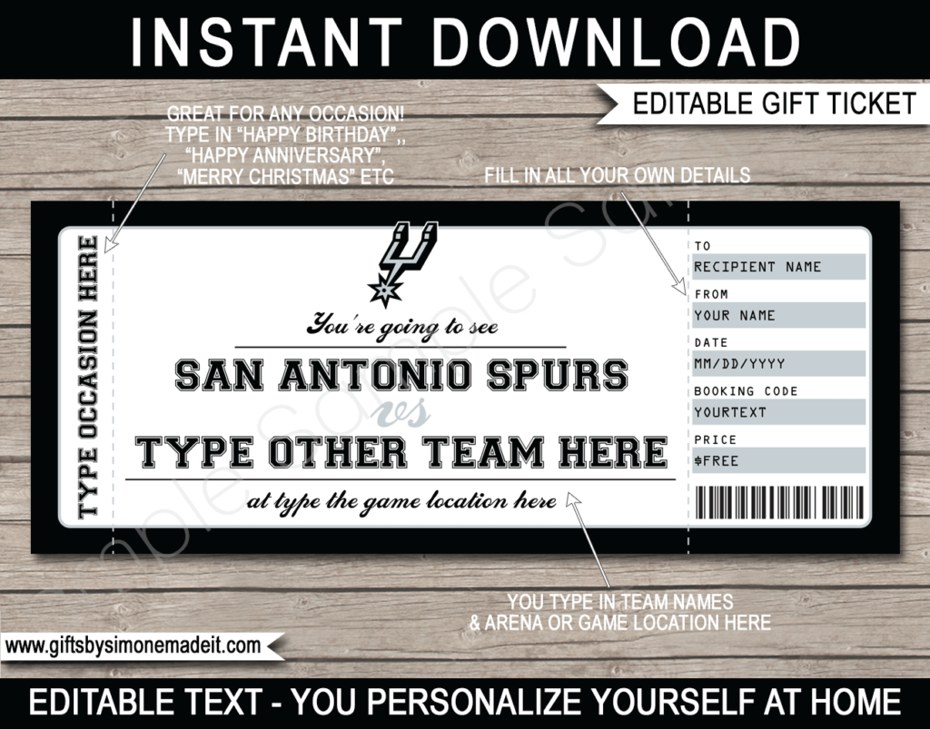 San Antonio Spurs Game Ticket Gift Voucher Printable Surprise NBA Basketball Tickets