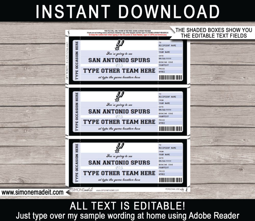 Editable & Printable San Antonio Spurs Game Ticket Gift Voucher Template | Surprise NBA Basketball Personalized Tickets | Custom Text | Gift Certificate | Last Minute Birthday, Christmas, Anniversary, Retirement, Graduation, Mother's Day, Father's Day, Congratulations, Valentine's Day Present | INSTANT DOWNLOAD via giftsbysimonemadeit.com