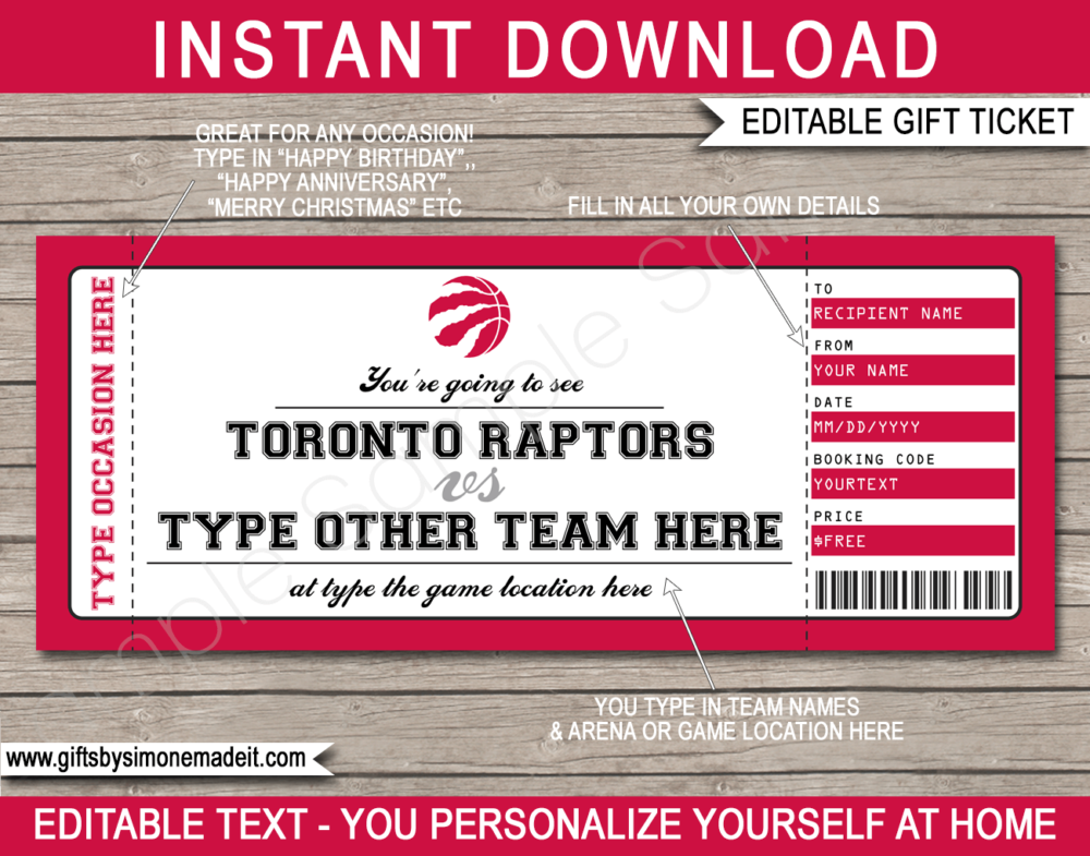 Toronto Raptors Game Ticket Gift Voucher Template | Printable Surprise NBA Basketball Personalized Tickets | Editable Text | Gift Certificate | Last Minute Birthday, Christmas, Anniversary, Retirement, Graduation, Mother's Day, Father's Day, Congratulations, Valentine's Day Present | INSTANT DOWNLOAD via giftsbysimonemadeit.com