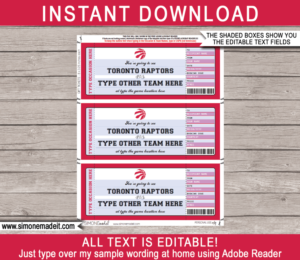 Editable & Printable Toronto Raptors Game Ticket Gift Voucher Template | Surprise NBA Basketball Personalized Tickets | Custom Text | Gift Certificate | Last Minute Birthday, Christmas, Anniversary, Retirement, Graduation, Mother's Day, Father's Day, Congratulations, Valentine's Day Present | INSTANT DOWNLOAD via giftsbysimonemadeit.com