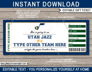 Utah Jazz Game Ticket Gift Voucher Template | Printable Surprise NBA Basketball Personalized Tickets | Editable Text | Gift Certificate | Last Minute Birthday, Christmas, Anniversary, Retirement, Graduation, Mother's Day, Father's Day, Congratulations, Valentine's Day Present | INSTANT DOWNLOAD via giftsbysimonemadeit.com