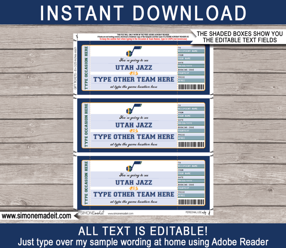 Editable & Printable Utah Jazz Game Ticket Gift Voucher Template | Surprise NBA Basketball Personalized Tickets | Custom Text | Gift Certificate | Last Minute Birthday, Christmas, Anniversary, Retirement, Graduation, Mother's Day, Father's Day, Congratulations, Valentine's Day Present | INSTANT DOWNLOAD via giftsbysimonemadeit.com