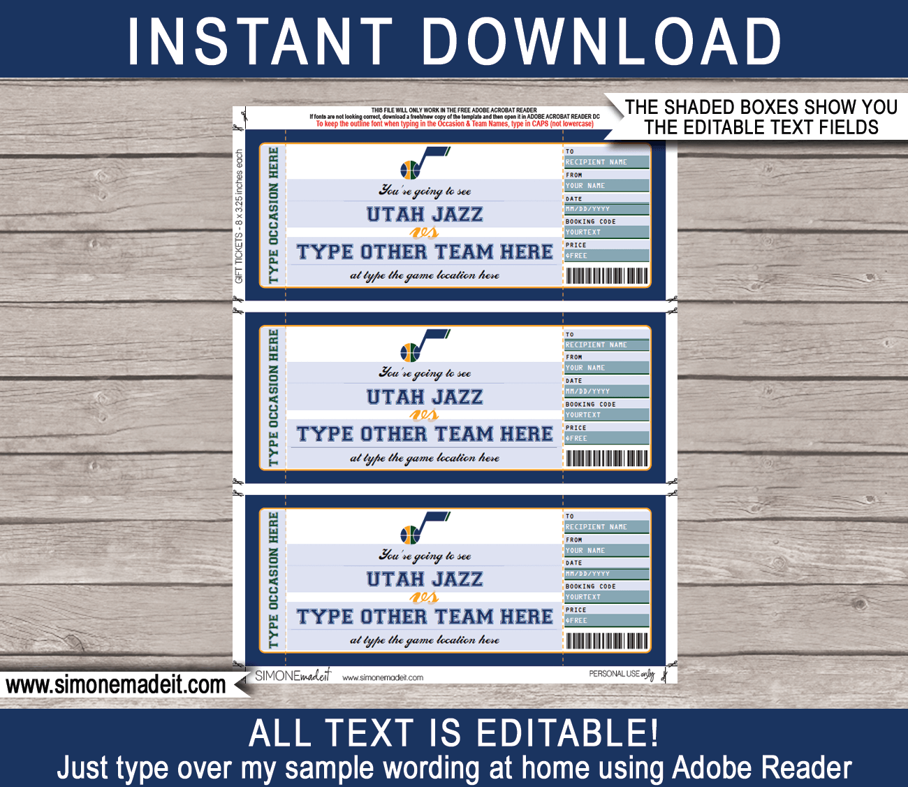 Utah Jazz Game Ticket Gift Voucher Printable Surprise NBA Basketball