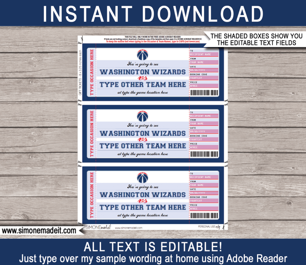 Editable & Printable Washington Wizards Game Ticket Gift Voucher Template | Surprise NBA Basketball Personalized Tickets | Custom Text | Gift Certificate | Last Minute Birthday, Christmas, Anniversary, Retirement, Graduation, Mother's Day, Father's Day, Congratulations, Valentine's Day Present | INSTANT DOWNLOAD via giftsbysimonemadeit.com