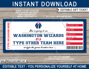 Washington Wizards Game Ticket Gift Voucher Template | Printable Surprise NBA Basketball Personalized Tickets | Editable Text | Gift Certificate | Last Minute Birthday, Christmas, Anniversary, Retirement, Graduation, Mother's Day, Father's Day, Congratulations, Valentine's Day Present | INSTANT DOWNLOAD via giftsbysimonemadeit.com